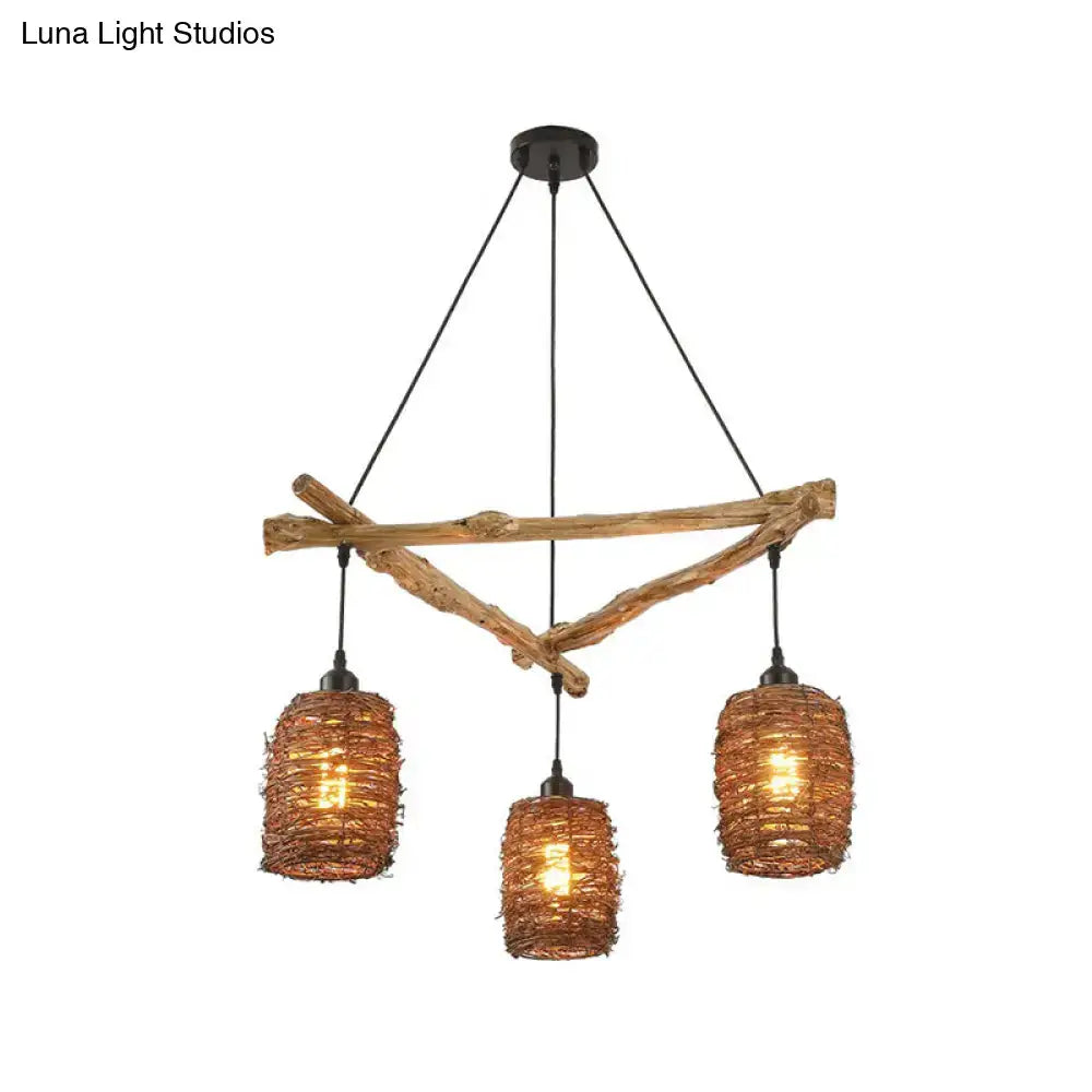 DecorBites™ nordic ceiling light with brown branch driftwood and three woven rattan shades 24 inches wide for bedrooms