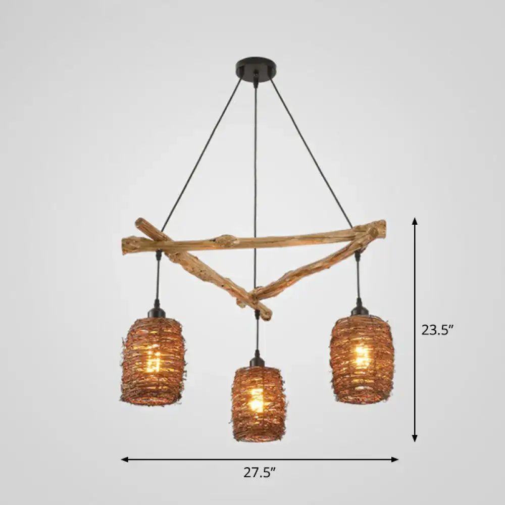Rustic wooden branch ceiling light with three woven brown lampshades 35 inches wide perfect for bedrooms