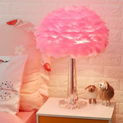 DecorBites™ nordic bedside table light with soft pink feather shade, crystal accent, and sleek chrome base