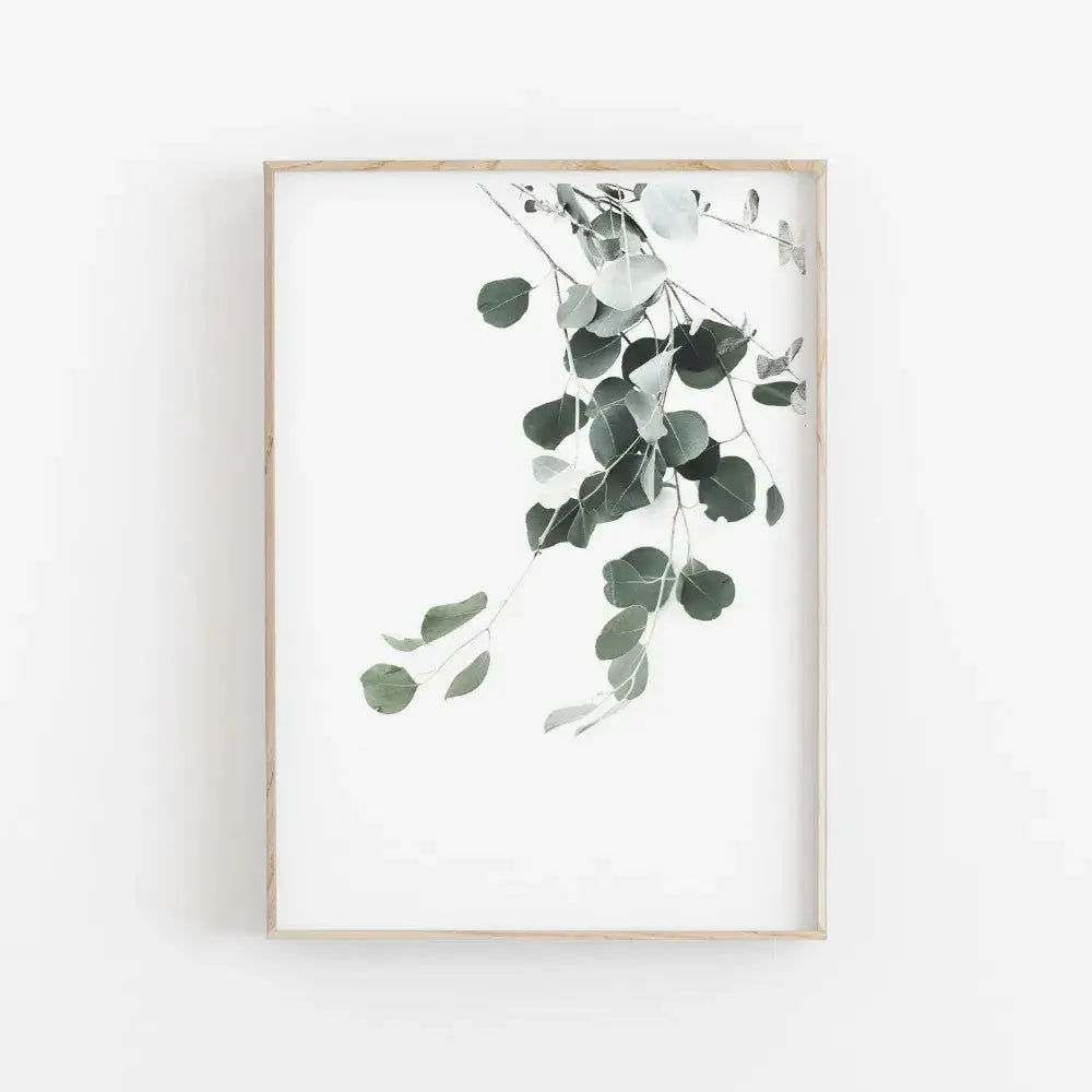 Decorbites™ nordic botanical poster canvas featuring eucalyptus leaves in green shades in a light wood frame