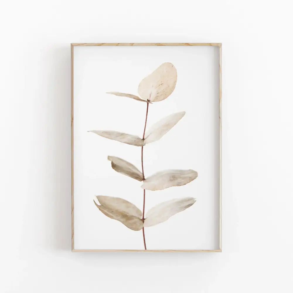 DecorBites™ nordic botanical poster canvas art with eucalyptus palm design in light wood frame on white background
