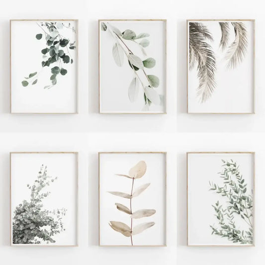 Set of six nordic botanical poster canvas prints featuring eucalyptus and palm leaves in soft greys and muted greens