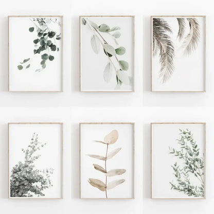 Set of six framed nordic botanical posters featuring eucalyptus and palm leaves in soft greys green and beige on canvas