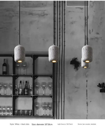 DecorBites™ Nordic cement pendant lamp with white and black dot pattern and textured surface in industrial style lighting