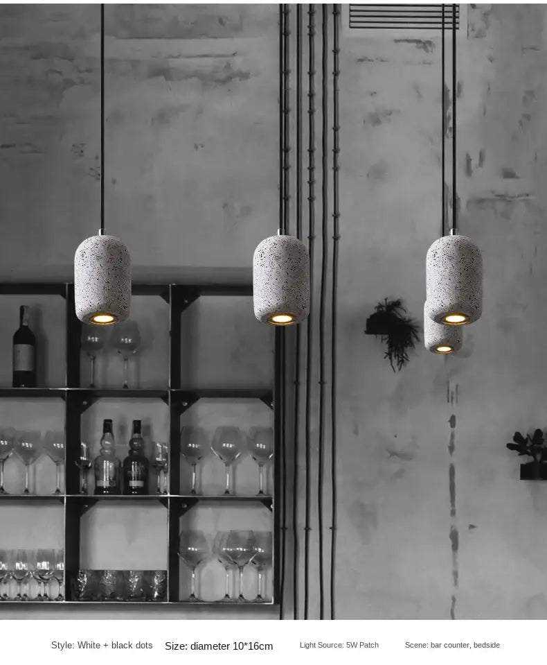 DecorBites™ Nordic cement pendant lamp with white and black dot pattern and textured surface in industrial style lighting