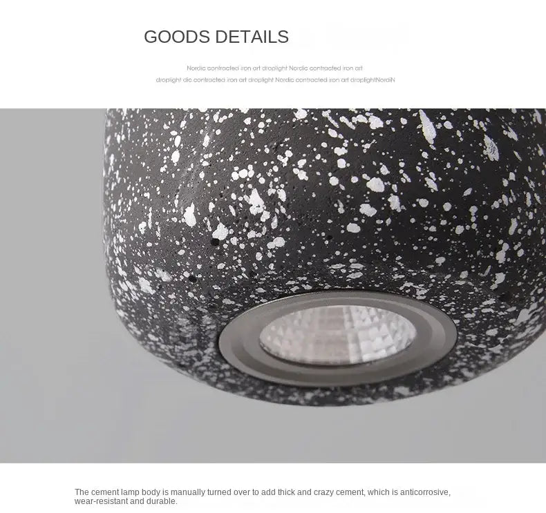 DecorBites™ Nordic cement pendant lamp in black with white speckles and circular silver led fixture for industrial style lighting