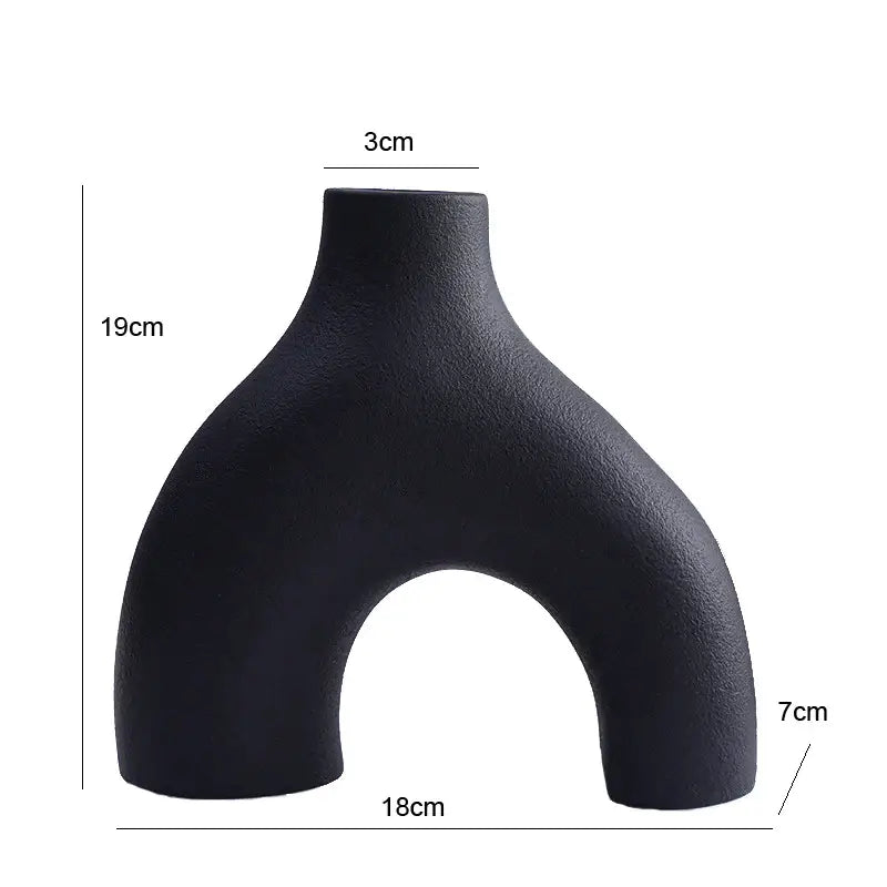 Black matte nordic ceramic flower vase with modern asymmetrical u-shaped design for vases home decor