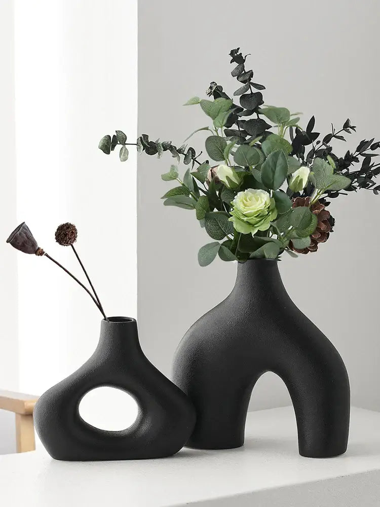 DecorBites™ nordic ceramic vases home decor featuring black matte finish and organic sculptural shapes