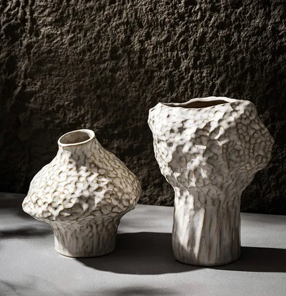 Two white ceramic vases with textured organic surface and irregular shapes nordic ceramic vase by decorbites