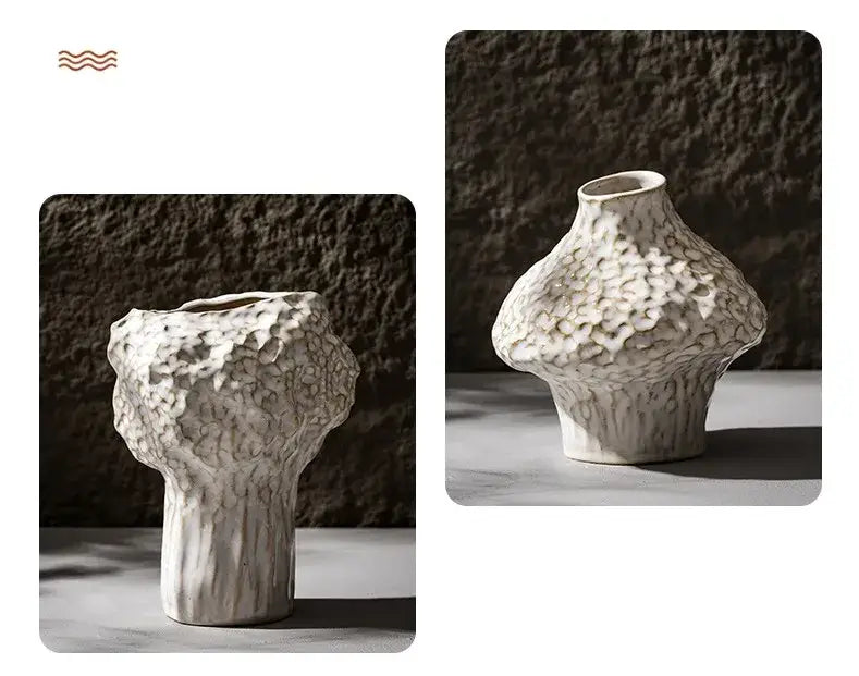 White ceramic nordic ceramic vase with textured organic surface and irregular shape featuring pampas grass
