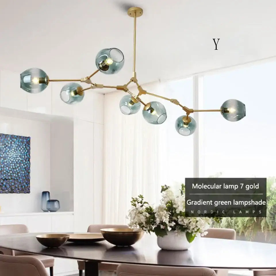 Gold-finished DecorBites™ nordic chandelier with seven gradient green glass lampshades hanging light fixture for living room