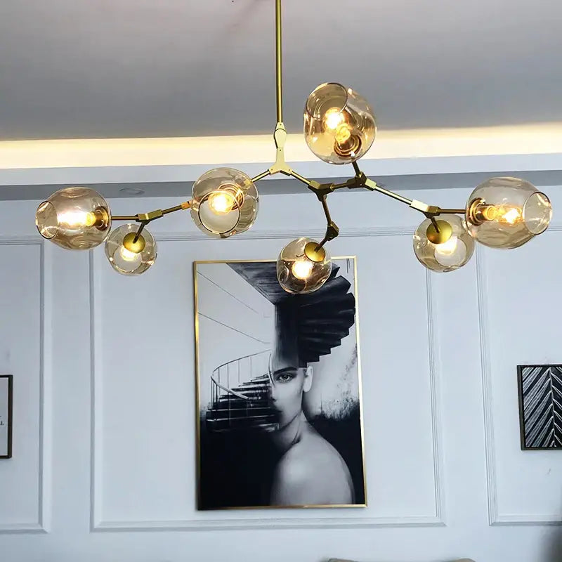 Decorbites™ nordic chandelier with gold-toned metal frame and amber glass globes perfect for dining and living rooms