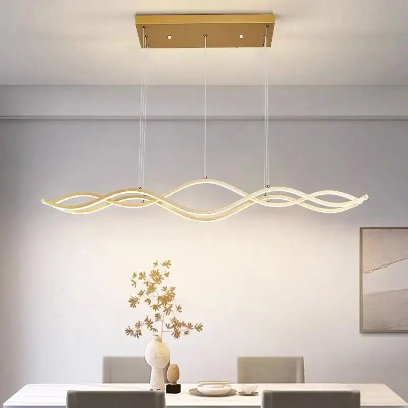 Modern gold-finished nordic chandeliers dining room ceiling light fixture with sleek wave-like design and led lighting