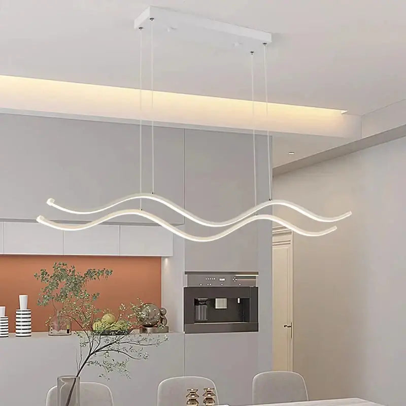 Modern white led pendant light with a sleek wavy design from DecorBites™ nordic chandeliers for dining room lighting