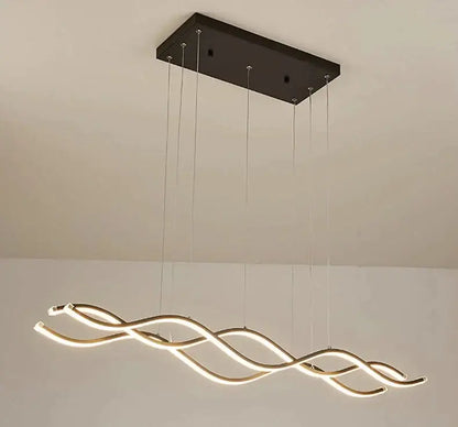Modern minimalist nordic chandeliers with black rectangular mount and glowing gold led strips for dining room lighting