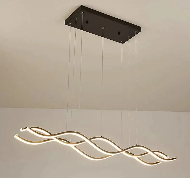 Modern minimalist nordic chandeliers with black rectangular mount and glowing gold led strips for dining room lighting