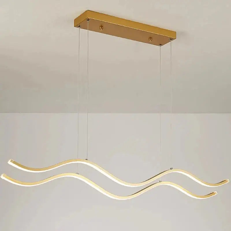 Modern gold-finished rectangular pendant light with two wave-shaped led arms emitting warm glow for dining room nordic chandeliers