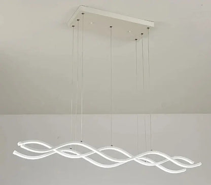 Modern white led nordic chandelier with sleek wave-like design and transparent cords for dining room lighting