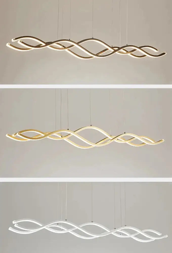 Modern minimalist nordic chandeliers with sleek continuous wave design in gold or white for stylish dining room lighting