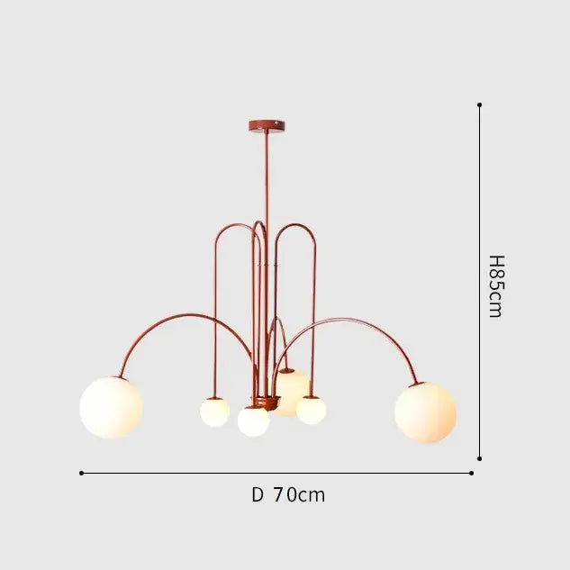 A modern copper-toned comet chandelier nordic with five spherical glass globe lights and curved metal arms