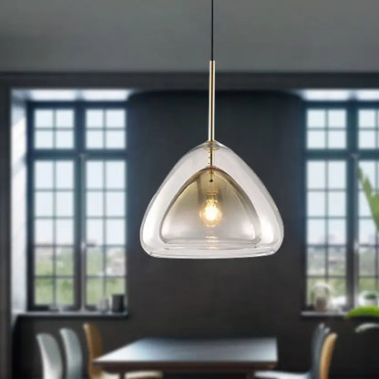 DecorBites™ nordic double glass cone pendant light fixture with clear teardrop glass shade and gold metal stem champagne suspension