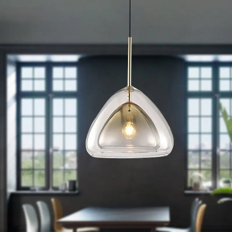 DecorBites™ nordic double glass cone pendant light fixture with clear teardrop glass shade and gold metal stem champagne suspension