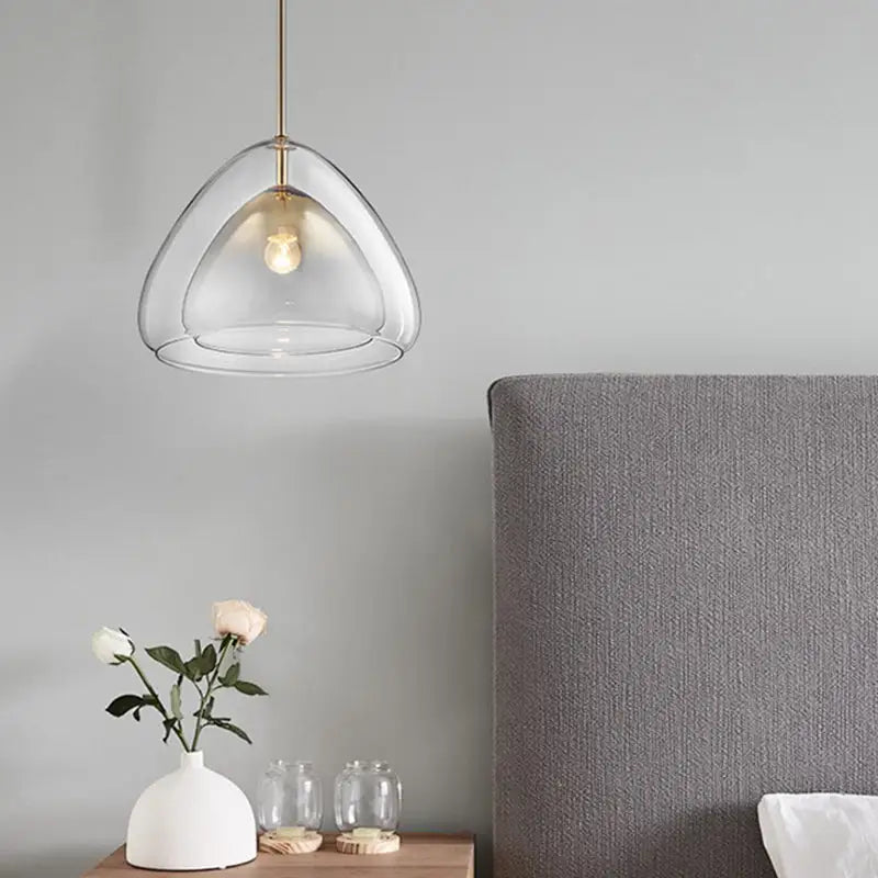 DecorBites™ nordic double glass cone pendant light fixture with gold metal and champagne glass illuminated bulb inside