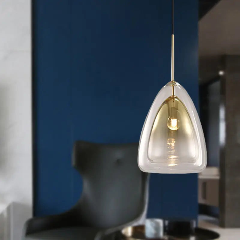 Decorbites™ nordic double glass cone pendant light fixture with clear teardrop glass shade and gold champagne stem