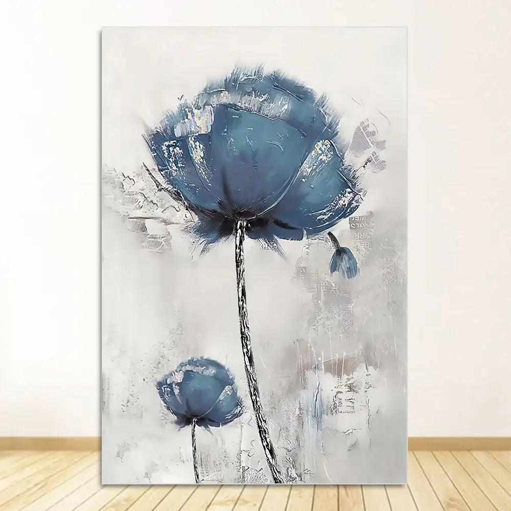 DecorBites™ nordic flower abstract canvas art print featuring a blue textured poppy flower abstract on canvas