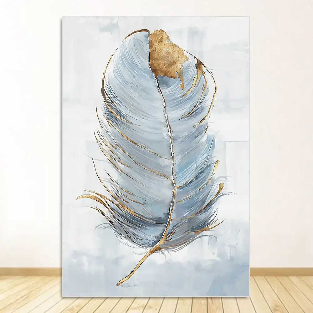 DecorBites™ nordic flower abstract canvas art featuring a delicate blue feather with gold accents on canvas