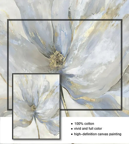 Decorbites™ nordic flower abstract canvas art print featuring a soft gray and white flower abstract with gold accents