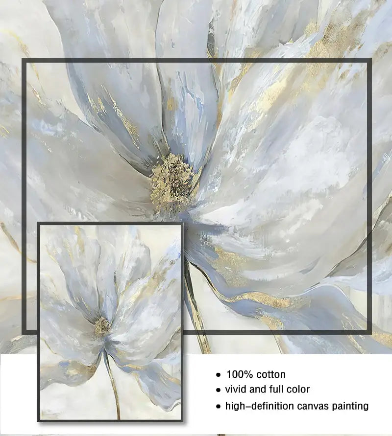 Decorbites™ nordic flower abstract canvas art print featuring a soft gray and white flower abstract with gold accents