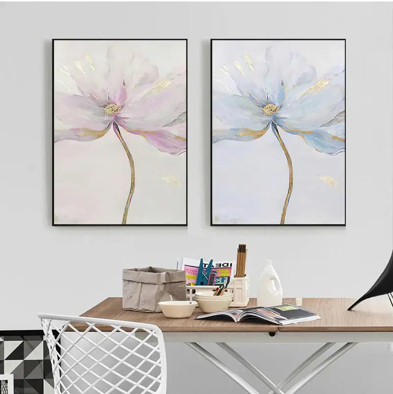 Two framed DecorBites™ nordic flower abstract canvas art prints featuring pastel pink and blue floral designs with golden accents
