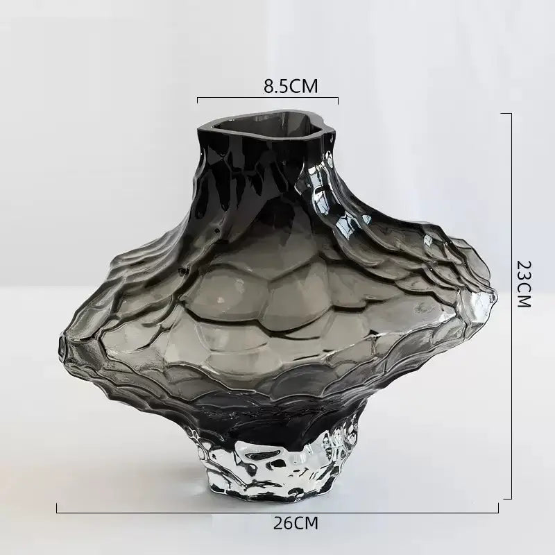 DecorBites™ nordic frosting glass vase with a sleek black-to-clear gradient and sculpted shell-like ridges design