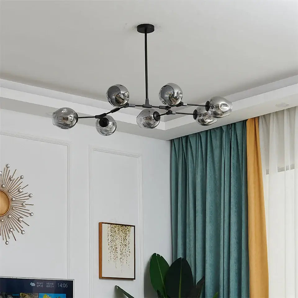 Modern black metal DecorBites™ nordic glass ball led chandelier with six reflective chrome spheres suspended from rod