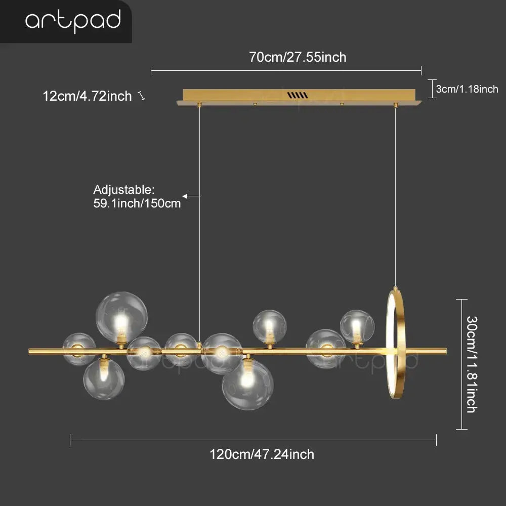 Decorbites™ nordic glass bubble led chandelier in gold tone with clear glass bubble globe bulbs and sleek horizontal bar design