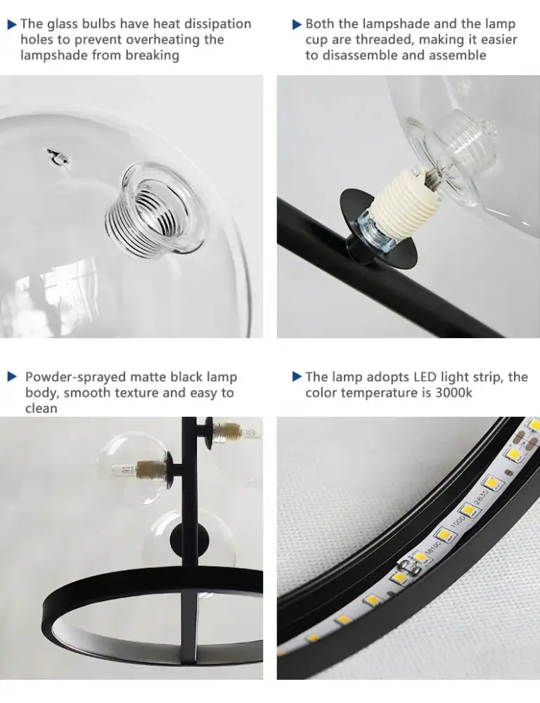 Black matte DecorBites™ Nordic glass bubble LED chandelier with clear glass bulbs and integrated LED light strip