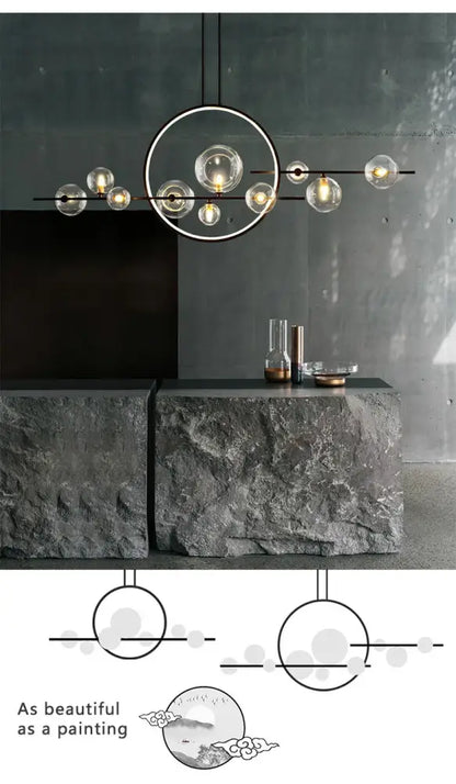 Modern minimalist decorbites nordic glass bubble led chandelier in black metal with clear glass bubble spheres suspended by wires