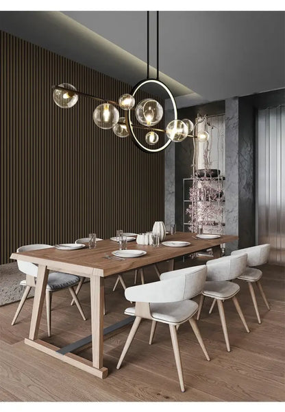 Modern glass globe chandelier with sleek metallic frame in black featuring nordic glass bubble led design by decorbites
