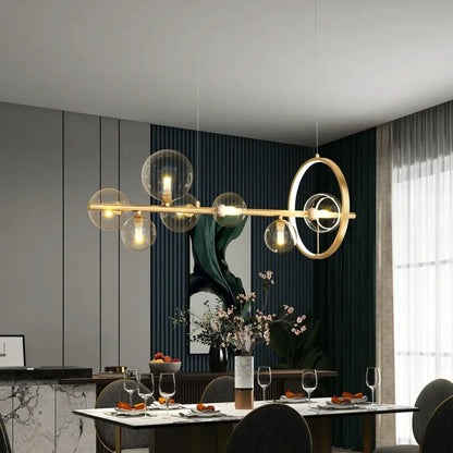 DecorBites™ nordic glass bubble led chandelier with gold-toned spherical glass globes and circular metallic accents