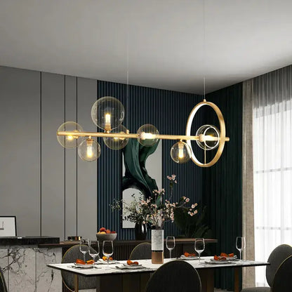 DecorBites™ nordic glass bubble led chandelier in black with gold-toned spherical glass globes and circular metal accents