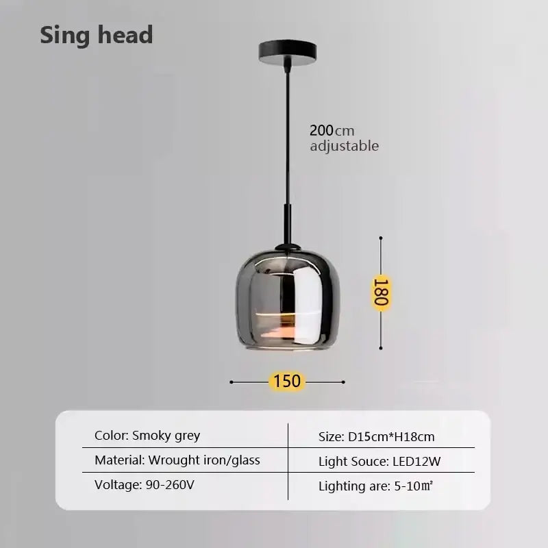 Smoky grey nordic glass led pendant chandelier with sleek rounded glass globe and wrought iron fixture by decorbites