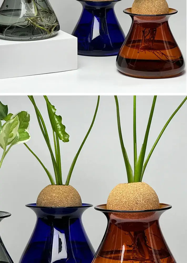 Amber-tinted glass vase with cork stopper and plant stem for home decor in the DecorBites Nordic glass vase collection