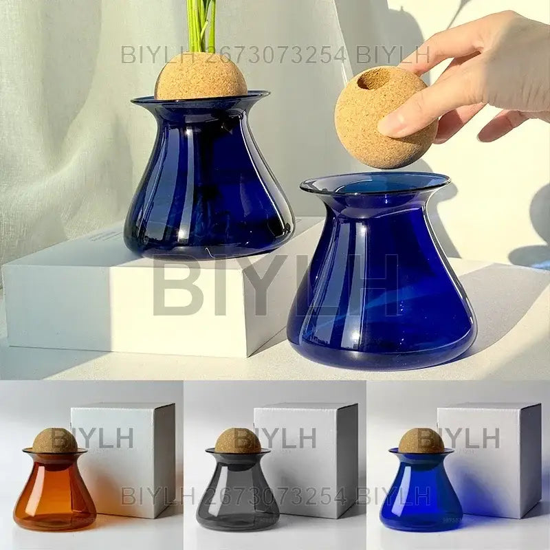 Deep blue nordic glass vase with natural cork stopper for home decor by decorbites small transparent glass vase