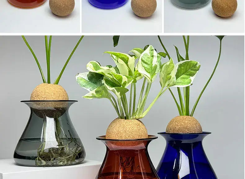 Set of three colorful nordic glass vases with plants and cork ball tops for elegant home decor display