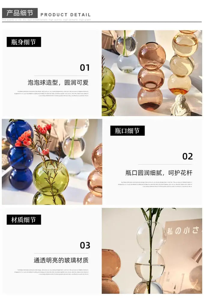 Transparent glossy nordic glass vases with bubbly stacked sphere design in warm and cool hues for home decoration gift