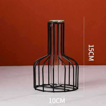 Decorbites nordic golden iron hydroponic table vase with black metal wire cage encasing clear glass vase flower