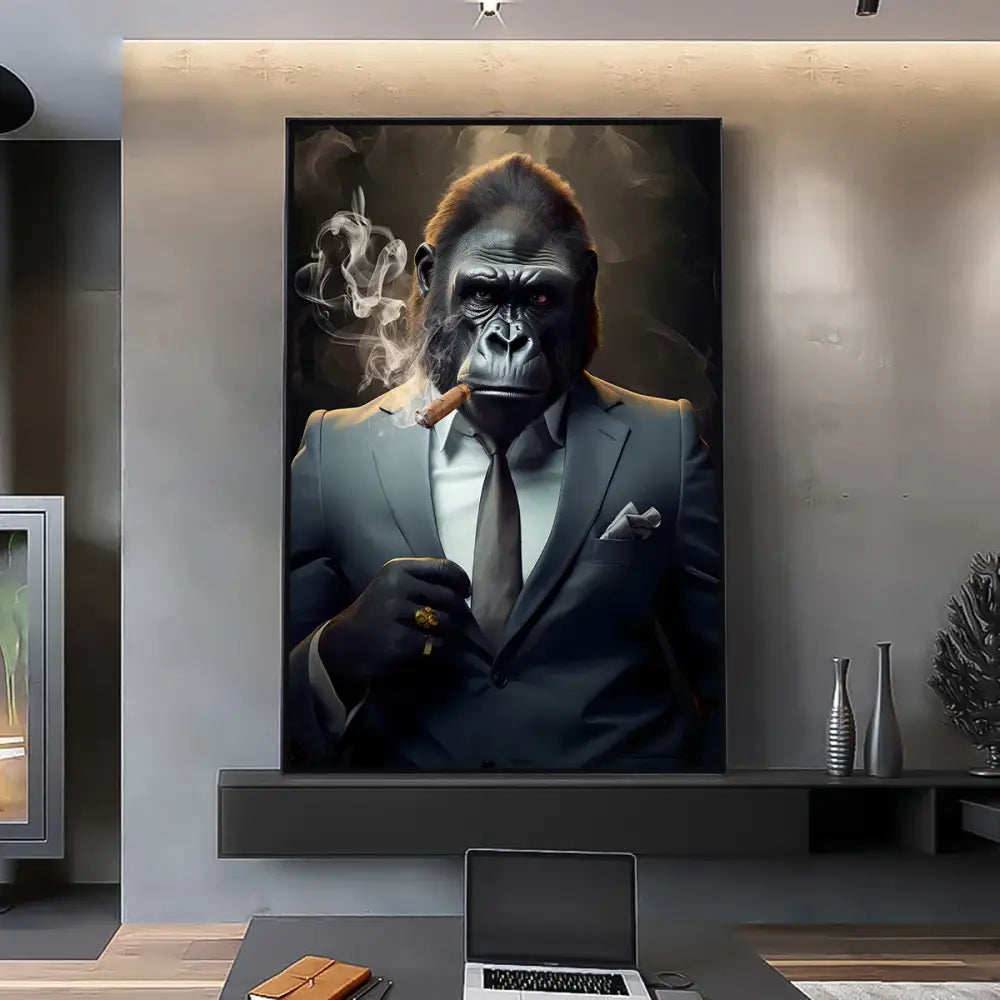 DecorBites Nordic gorilla wall art canvas print features a black and gray formal suit gorilla smoking a cigar art canvas