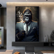 DecorBites Nordic gorilla wall art canvas print features a black and gray formal suit gorilla smoking a cigar art canvas