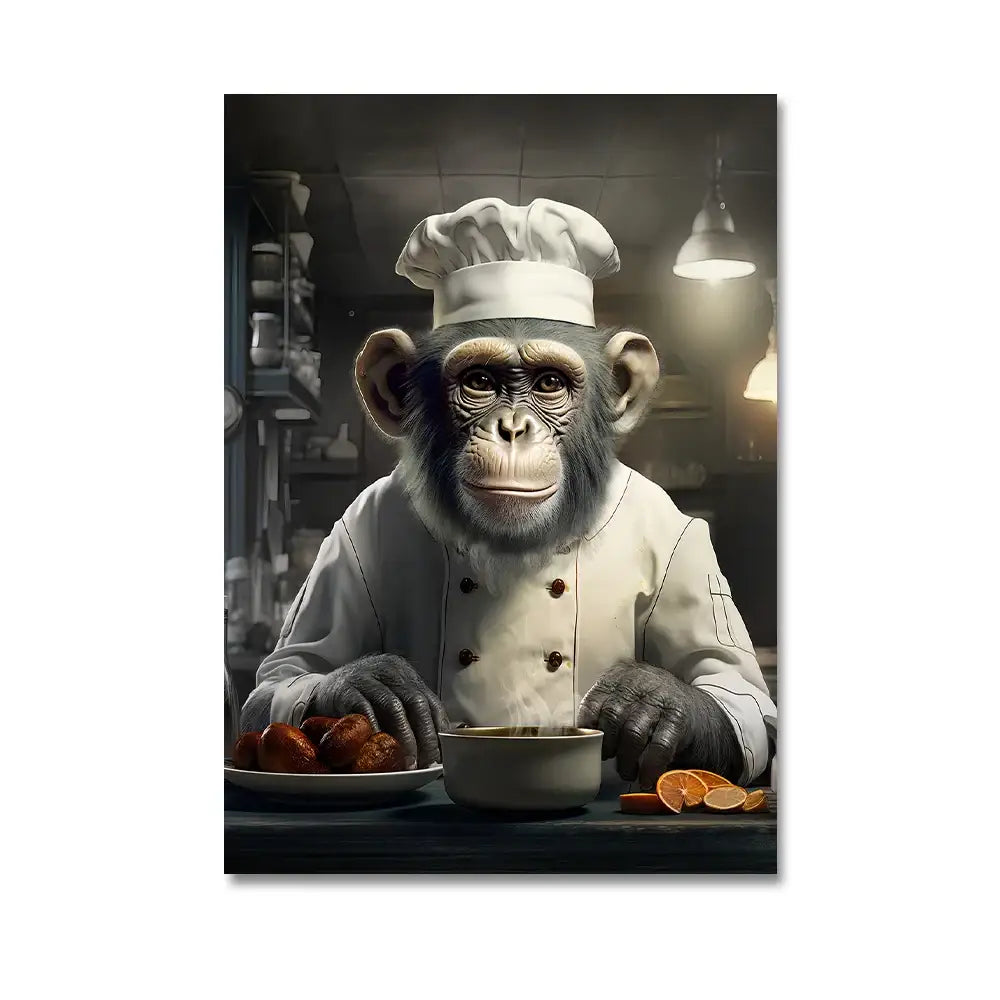 A detailed illustration of a chimpanzee chef on white coat and toque featured on decorbites™ nordic gorilla wall art canvas print